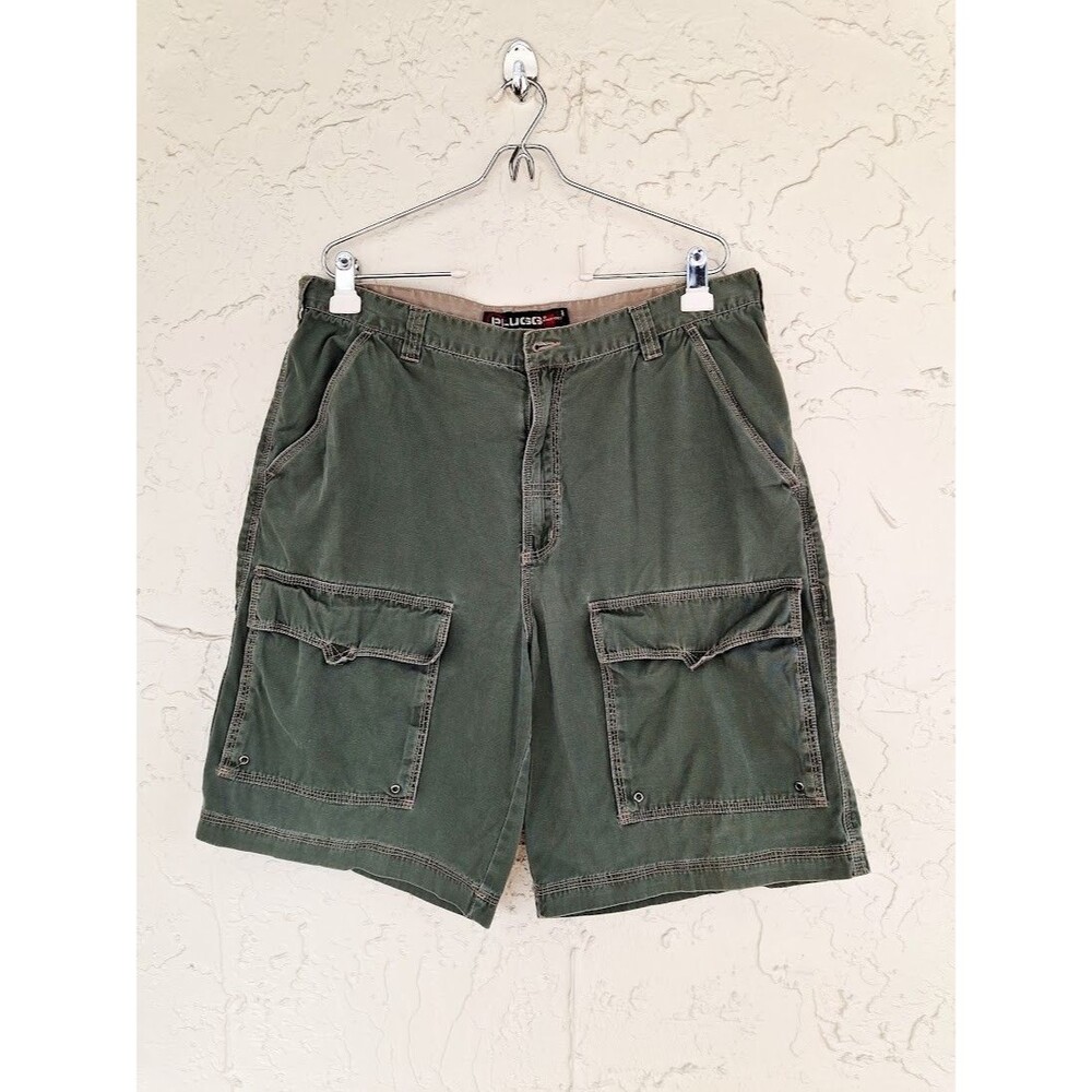 Plugg Men's 36 Olive Green Cargo Shorts 100% Cotton Baggy Utility Y2K